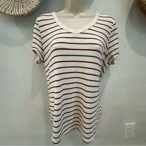 Prana Women’s White Striped V-Neck Tee. Size Large